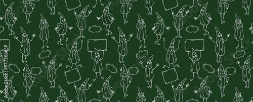 Cute pencil characters pattern. Seamless background with images of funny stationery characters drawn with lines Situation about education, study or learning. Vector wallpaper.