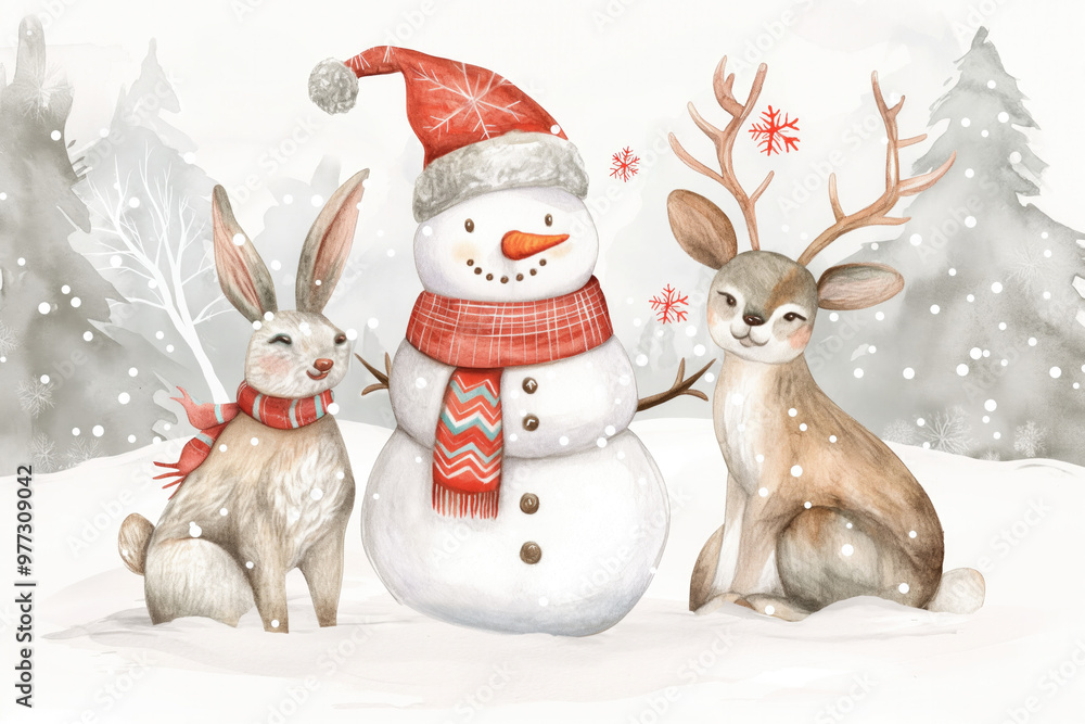 Watercolor-style illustration of a snowman with a red scarf and hat ...