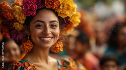 A young woman beams with joy, her vibrant dress and floral crown resonating with the festive spirit and colorful exuberance in a cultural celebration setting. photo