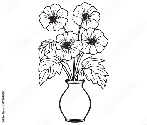 Coloring book worksheet for kids bouquet of flowers in vase 