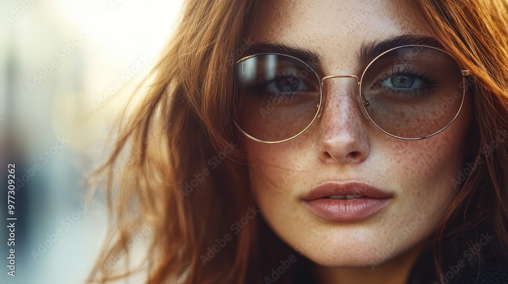A dramatic portrait of a woman with round, transparent sunglasses standing in sunlight, characterized by natural freckles, elegance, and an expressive demeanor. A dramatic portrait of a woman with round, transparent sunglasses standing in sunlight, characterized by natural freckles, elegance, and an expressive demeanor.
