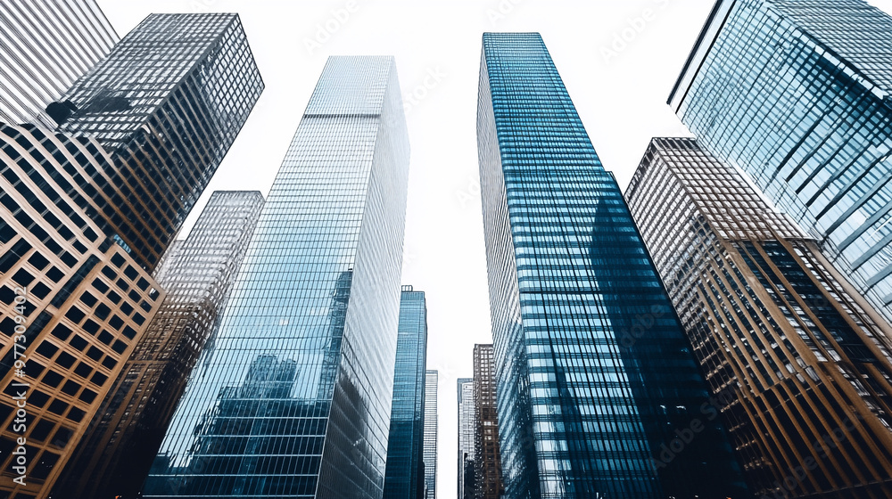 Skyward view of towering skyscrapers in an urban landscape during cloudy daylight Skyward view of towering skyscrapers in an urban landscape during cloudy daylight