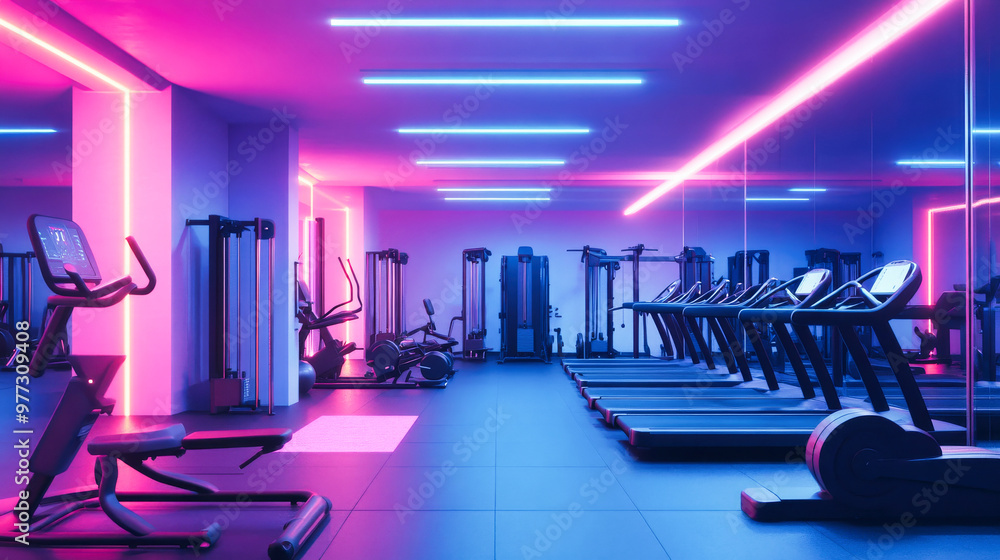 A gym with weight training equipment, illuminated by neon lights A gym with weight training equipment, illuminated by neon lights