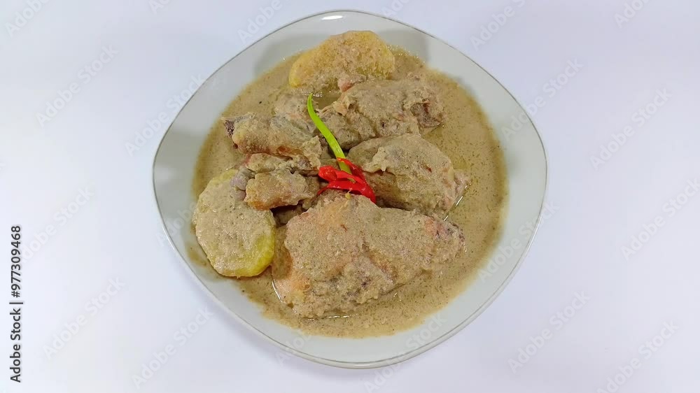 Gulai ayam, an Indonesian dish from Sumatra, with chicken, potatoes, and chili in a savory spiced coconut broth, served in a white bowl against a clean white background Gulai ayam, an Indonesian dish from Sumatra, with chicken, potatoes, and chili in a savory spiced coconut broth, served in a white bowl against a clean white background