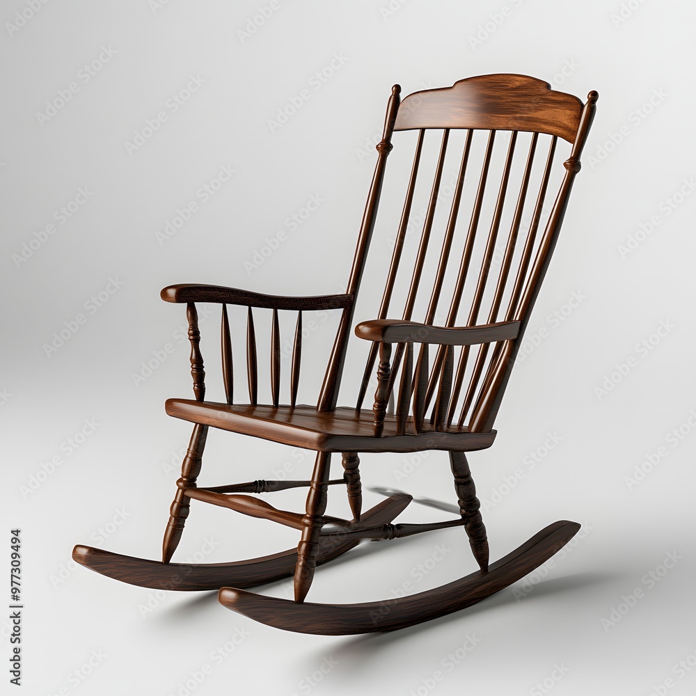 293. A classic wooden rocking chair isolated on a soft gray background 293. A classic wooden rocking chair isolated on a soft gray background