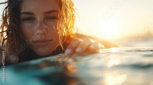 A tranquil image of a woman floating in the ocean at sunset, her serene expression and natural beauty illuminated by the warm, golden hues of the setting sun. photo