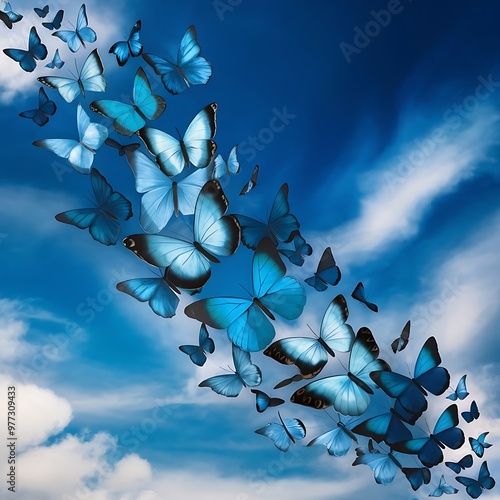 Butterflies on a background of blue sky with clouds