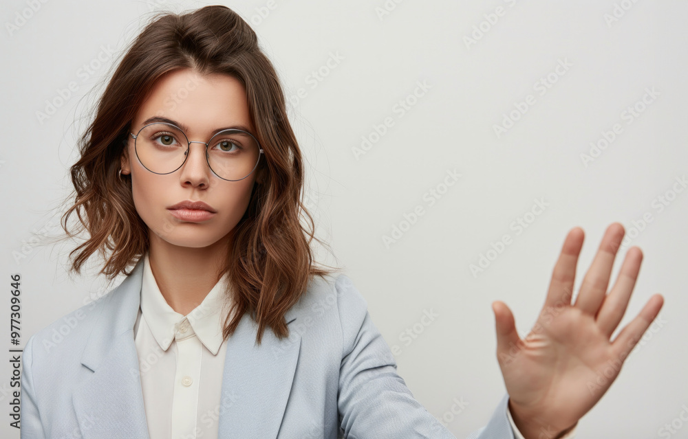 Woman with a neutral expression wearing glasses and a light gray blazer, raising her hand to make a stop gesture, standing against a neutral background. Woman with a neutral expression wearing glasses and a light gray blazer, raising her hand to make a stop gesture, standing against a neutral background.