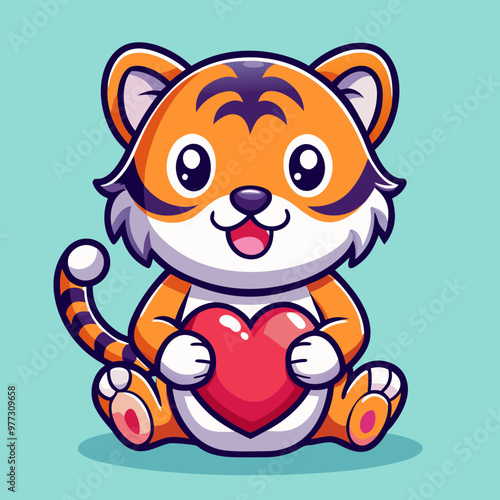  cute baby tiger holding love heart cartoon vector