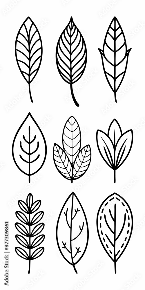 A set of nine hand-drawn leaf illustrations, featuring a variety of shapes and sizes. These simple, elegant designs are perfect for adding a touch of nature to your projects. A set of nine hand-drawn leaf illustrations, featuring a variety of shapes and sizes. These simple, elegant designs are perfect for adding a touch of nature to your projects.