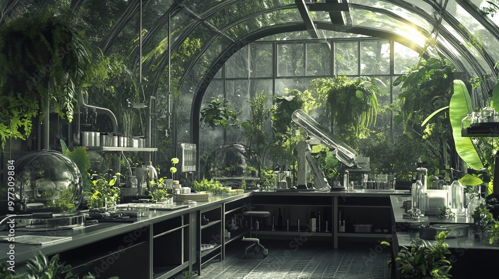 Lush botanical laboratory in a glass greenhouse: scientific equipment ...