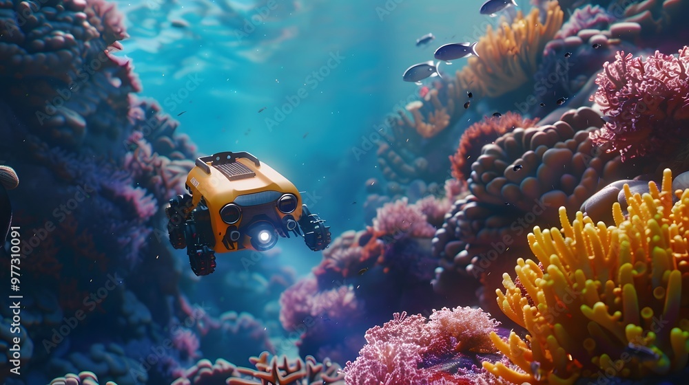 Fototapeta premium Underwater Exploration Robot: A sleek underwater robot exploring a coral reef, capturing stunning marine life footage.