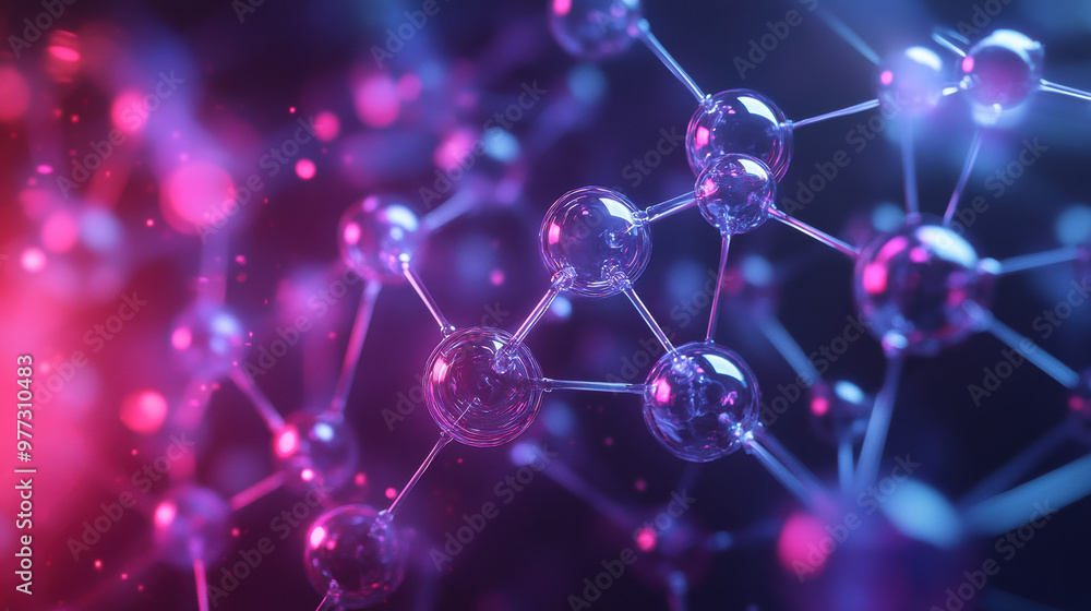 Abstract depiction of molecular structure with interconnected atoms in vibrant red and blue hues, showcasing science and technology concepts. Abstract depiction of molecular structure with interconnected atoms in vibrant red and blue hues, showcasing science and technology concepts.