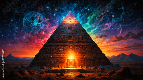 An esoteric pyramid under a starry night sky. Hermetic and ancient wisdom concept. photo