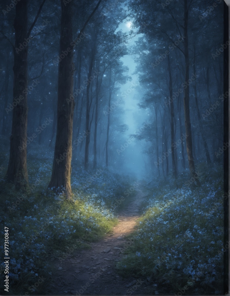 Fototapeta premium Mysterious moonlit forest path surrounded by lush blue flowers. Enchanting atmosphere with soft glowing light filtering through trees, perfect for fantasy themes, nature scenes, or magical landscapes.