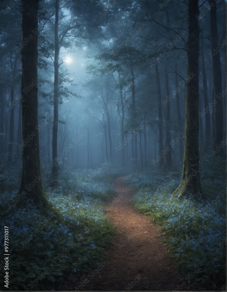 Mysterious moonlit forest path surrounded by lush blue flowers. Enchanting atmosphere with soft glowing light filtering through trees, perfect for fantasy themes, nature scenes, or magical landscapes. Mysterious moonlit forest path surrounded by lush blue flowers. Enchanting atmosphere with soft glowing light filtering through trees, perfect for fantasy themes, nature scenes, or magical landscapes.