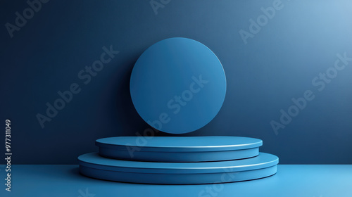 Minimalistic blue podium under spotlight with circular backdrop. Perfect for product display or abstract art background. Clean, modern, and elegant design.