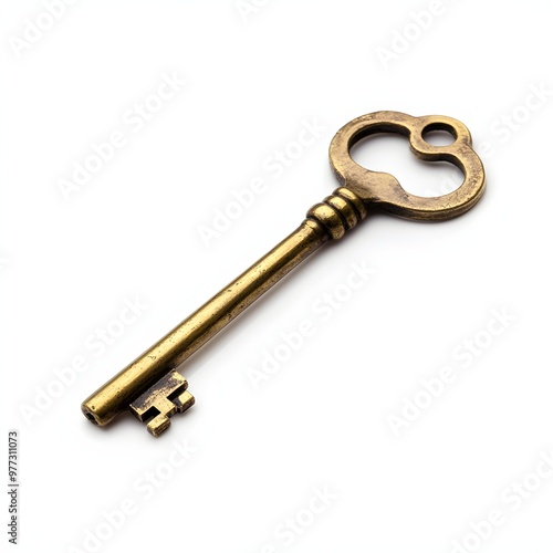 296. A classic brass key isolated on a pristine white background