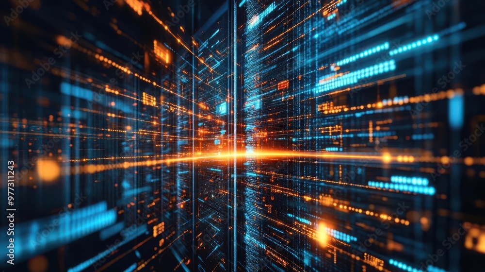 Cyber security breach prevention with a glowing barrier holding back malicious data streams, intense and dramatic Cyber security breach prevention with a glowing barrier holding back malicious data streams, intense and dramatic