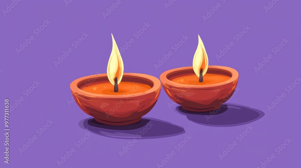 Peaceful Diwali Celebration: Glowing Clay Lamps on Purple Background Peaceful Diwali Celebration: Glowing Clay Lamps on Purple Background