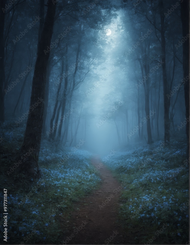 Mysterious moonlit forest path surrounded by lush blue flowers. Enchanting atmosphere with soft glowing light filtering through trees, perfect for fantasy themes, nature scenes, or magical landscapes. Mysterious moonlit forest path surrounded by lush blue flowers. Enchanting atmosphere with soft glowing light filtering through trees, perfect for fantasy themes, nature scenes, or magical landscapes.