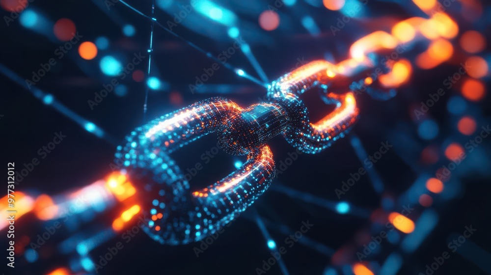 Cybersecurity protocol visualized as a glowing chain of interconnected security layers, intense and detailed Cybersecurity protocol visualized as a glowing chain of interconnected security layers, intense and detailed