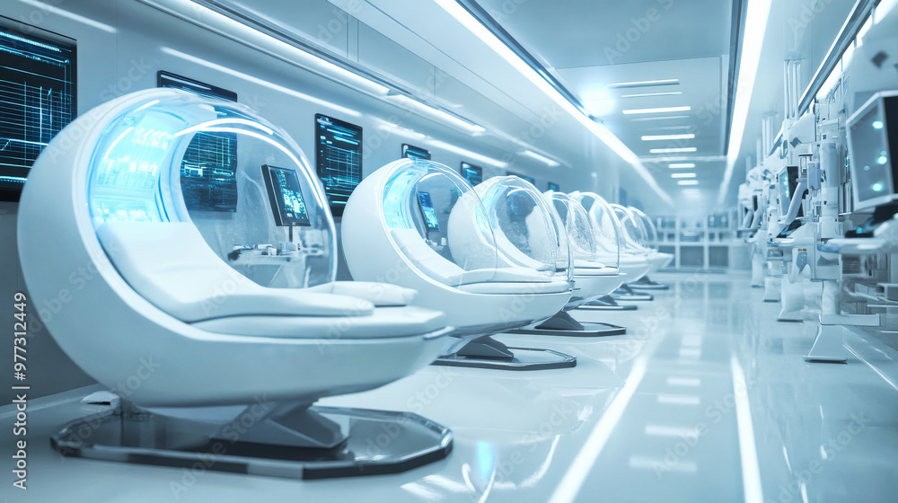 A row of advanced technology white chairs in a high tech room A row of advanced technology white chairs in a high tech room