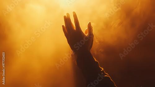 Backlit image of a believer hands to heaven worshiping the cross. Backlit. Illustration