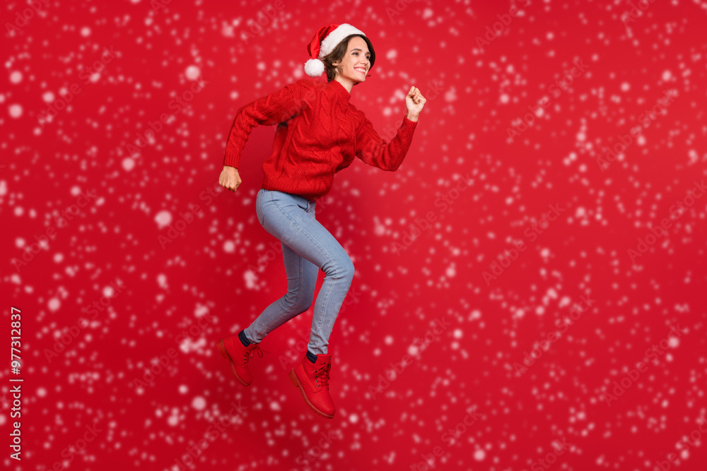 Full body profile side photo of young girl happy positive smile run season shopping sale isolated over red color background Full body profile side photo of young girl happy positive smile run season shopping sale isolated over red color background