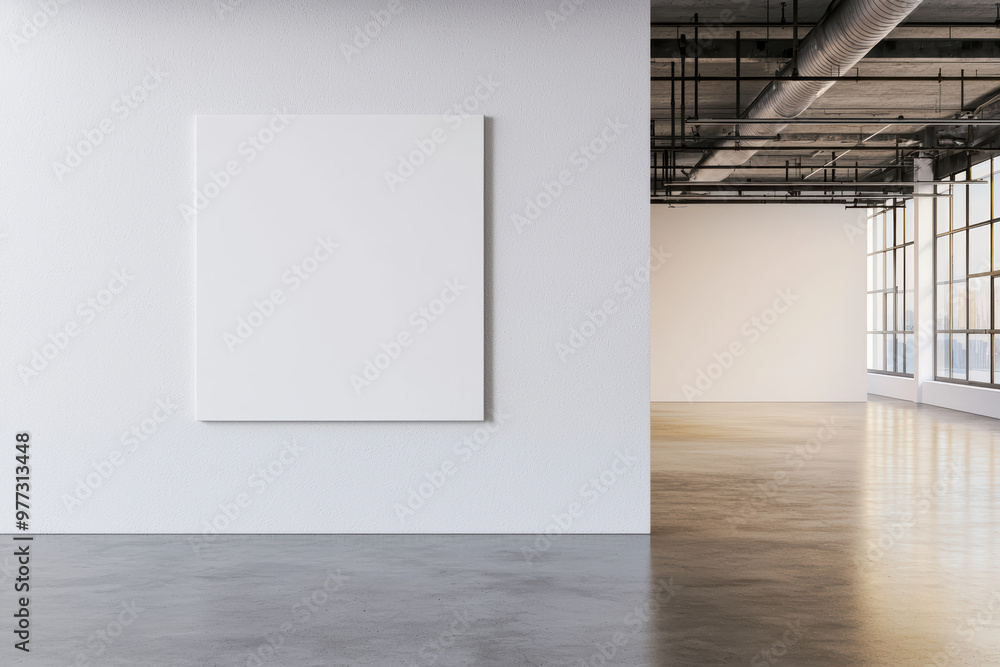 Modern art gallery interior with blank canvas on white wall and industrial ceiling, filled with natural light from large windows. A minimalist open space. Modern art gallery interior with blank canvas on white wall and industrial ceiling, filled with natural light from large windows. A minimalist open space.