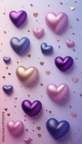 Colorful hearts in various sizes and shades on a gradient background.