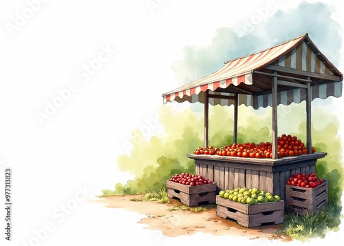 Rustic Fruit Stand in Watercolor with Fresh Produce against Soft Sky Background with Copy Space