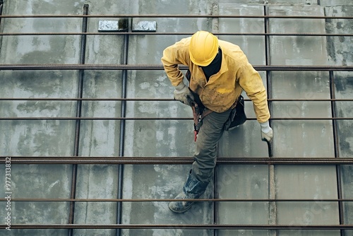 Construction worker in a yellow jacket and hardhat installs steel bars at a busy site, ensuring sturdy structures in urban areas