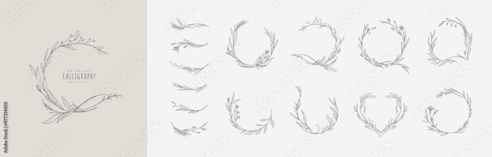 Set of elegant calligraphic botanical design elements, floral frame and graceful branches. Wedding wildflowers for invitation save the date card. Botanical feminine rustic vector illustration Set of elegant calligraphic botanical design elements, floral frame and graceful branches. Wedding wildflowers for invitation save the date card. Botanical feminine rustic vector illustration