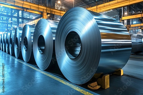 Shiny metallic coils neatly stacked in a warehouse, showcasing efficiency and precision in manufacturing. Gleaming under bright lights, evoking industry and progress