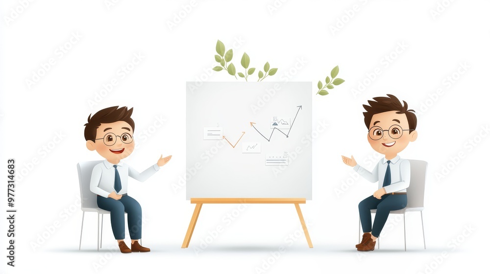 Two cheerful characters presenting a growth chart on a whiteboard in a professional setting, encouraging teamwork and innovation. Two cheerful characters presenting a growth chart on a whiteboard in a professional setting, encouraging teamwork and innovation.