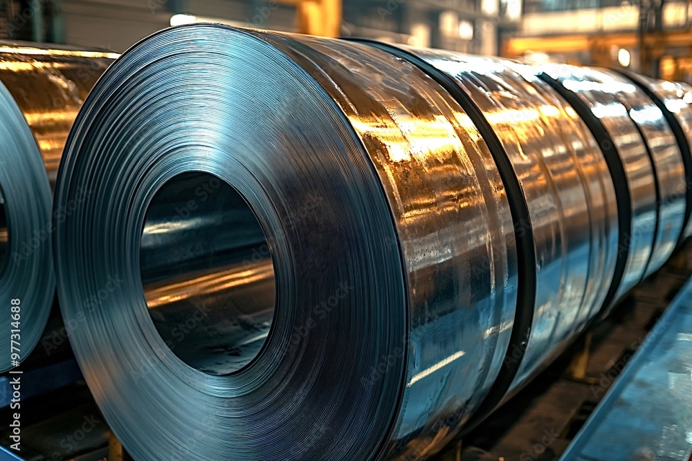 Obraz premium Steel coils in a metal mill, ready for global projects. Modern equipment ensures high-quality production