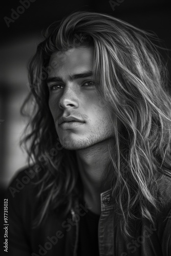 photo of a man with long hair, wearing a black shirt, standing on the street