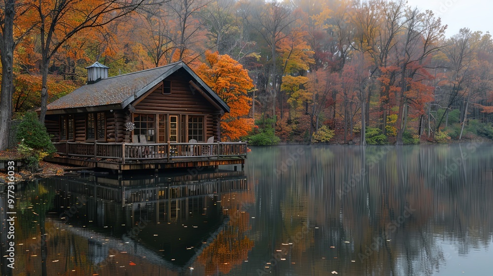 A cozy log cabin sits by the lakeside, surrounded by trees adorned with colorful autumn leaves, creating a picturesque and tranquil natural retreat. A cozy log cabin sits by the lakeside, surrounded by trees adorned with colorful autumn leaves, creating a picturesque and tranquil natural retreat.