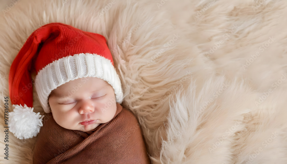 Fototapeta premium baby, newborn, santa, claus, hat, close-up, sleeping, christmas, merry, xmas, face, child, kid, sleep, infant, person, bed, cute, lying, sweet, small, fur, on, with, boy, winter, fun, holiday, red, ad