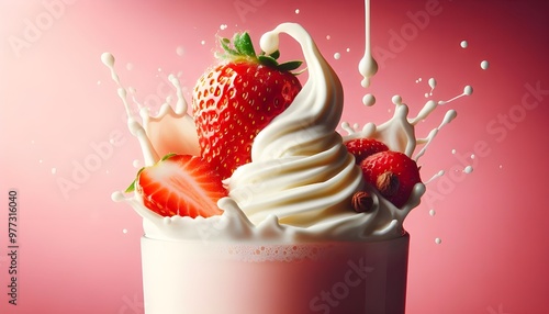 Close up Topping fruit strawberry strawberries with glass of milk milkshake yoghurt smoothie with liquid droplet splash splashing swirl on pink background