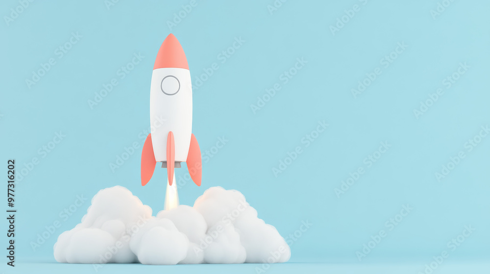 Minimalistic rocket launching amidst clouds against a pastel blue background, symbolizing innovation, creativity, and exploration. Minimalistic rocket launching amidst clouds against a pastel blue background, symbolizing innovation, creativity, and exploration.