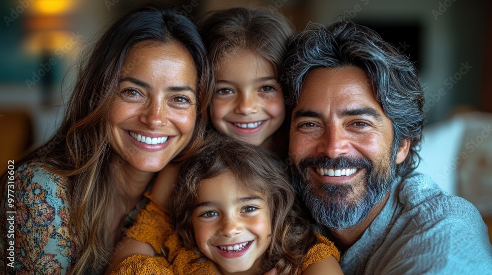Fototapeta premium Smiling Family Portrait with Parents and Two Young Daughters