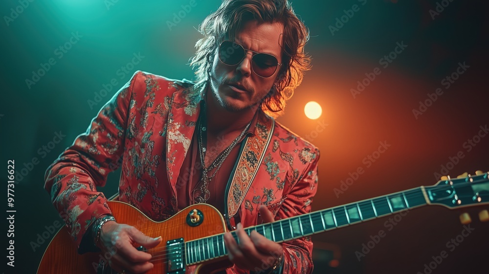 Obraz premium Rock Star with Long Hair Playing Electric Guitar On Stage