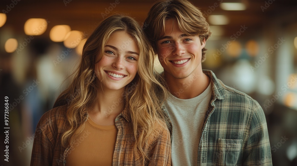 Young Couple Smiling at Camera in Indoor Setting Young Couple Smiling at Camera in Indoor Setting