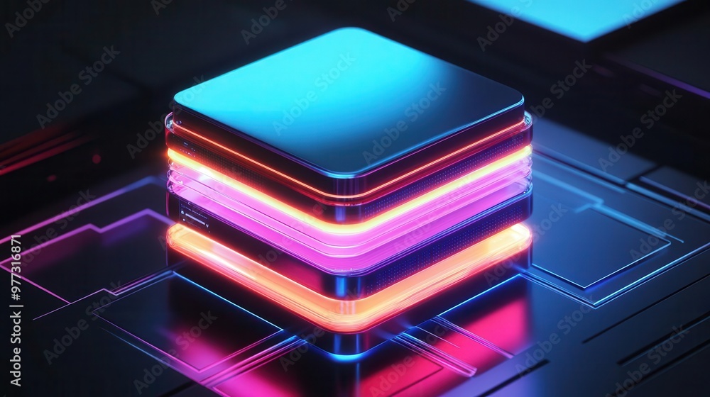 Secure data storage visualized as a glowing digital box with layers of protection, sleek and futuristic cyber environment Secure data storage visualized as a glowing digital box with layers of protection, sleek and futuristic cyber environment