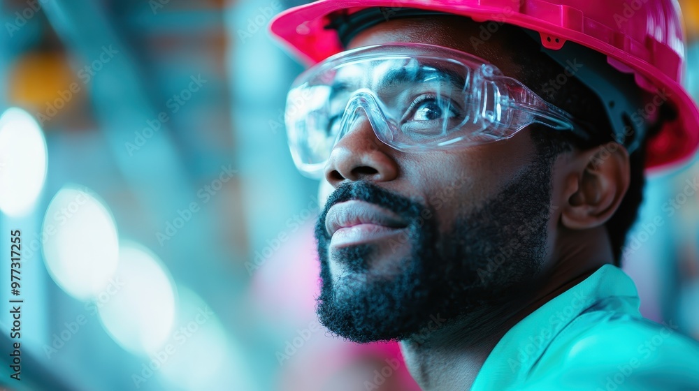A professional industrial worker is seen wearing a pink helmet and protective glasses inside a factory, exemplifying modern industrial safety standards and vibrant work culture. A professional industrial worker is seen wearing a pink helmet and protective glasses inside a factory, exemplifying modern industrial safety standards and vibrant work culture.