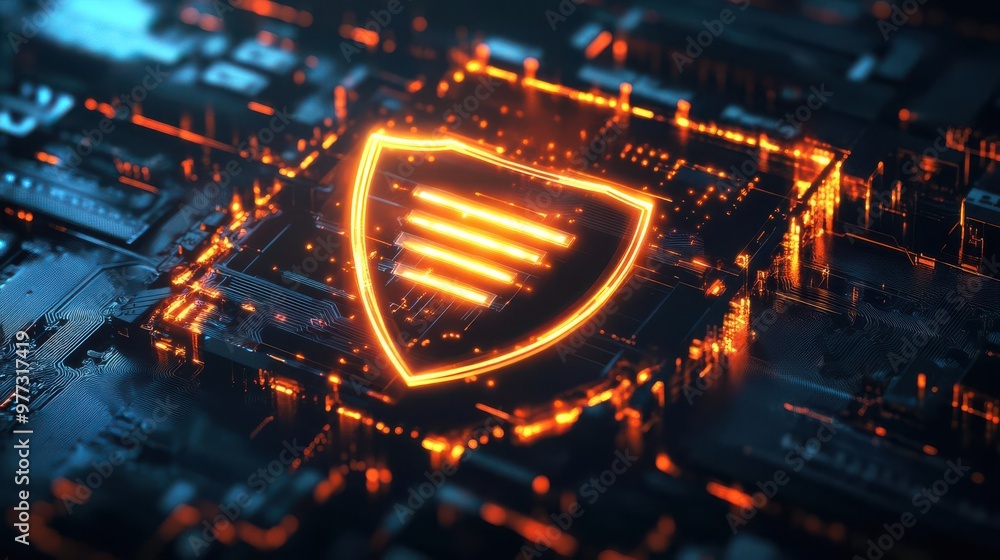 Zero-day exploit defense represented by a glowing shield deflecting unknown attacks, dark and intense cyber environment Zero-day exploit defense represented by a glowing shield deflecting unknown attacks, dark and intense cyber environment