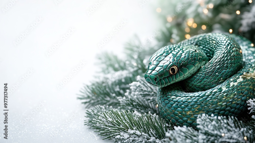 Fototapeta premium Beautiful greeting card with A Green Wooden Snake, holiday composition for happy and joy celebrate New Year, white background