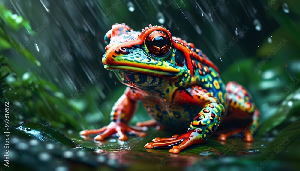 A vibrant and colorful poison dart frog sits on a green leaf in a rainforest. The frog's skin is a stunning array of colors, including red, orange, yellow, green, blue, and black. A vibrant and colorful poison dart frog sits on a green leaf in a rainforest. The frog's skin is a stunning array of colors, including red, orange, yellow, green, blue, and black.